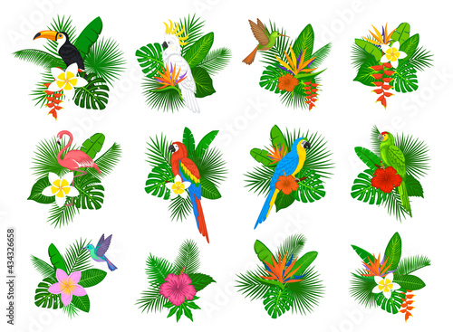 tropical plants leaves flower arrangements with flamingo, parrots, toco toucan,hummingbird, hibiscus, strelitzia, frangipani, heliconia