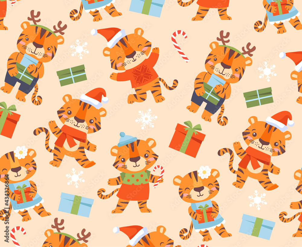 Fototapeta premium Funny cute tigers background