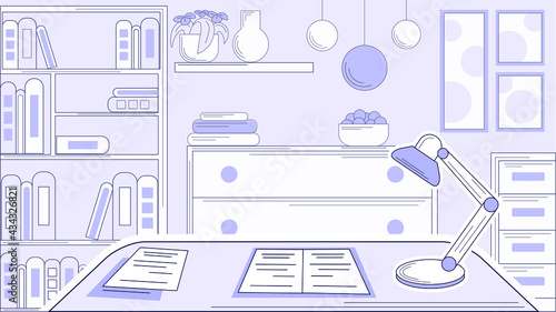 Line interior of the study room in blue colours. Lamp, papers on the table, potted plant, books, bookcase, cupboard and pictures on the wall.