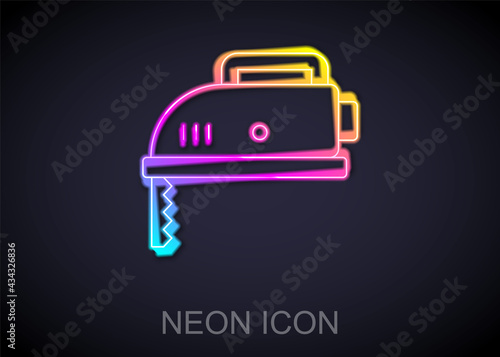 Glowing neon line Electric jigsaw with steel sharp blade icon isolated on black background. Power tool for woodwork. Vector