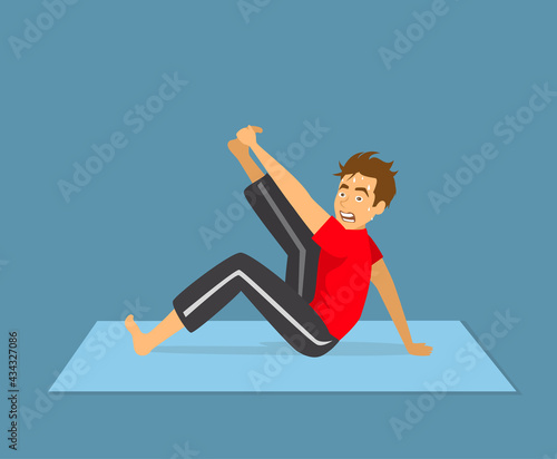 funny man struggling with yoga stretching exercise