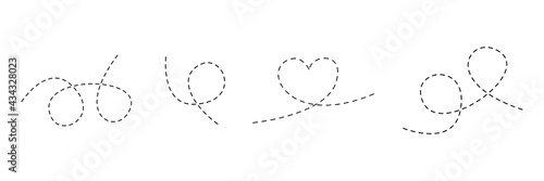 Line dotted route set. Heart shape. Traffic elements. Dots linear path collection. Vector isolated on white.