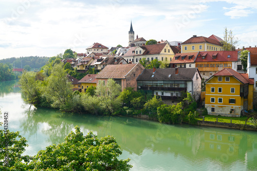 Novo Mesto old town, view from the bridge over Krka river, Novo Mesto, Dolenjska region, Slovenia. photo