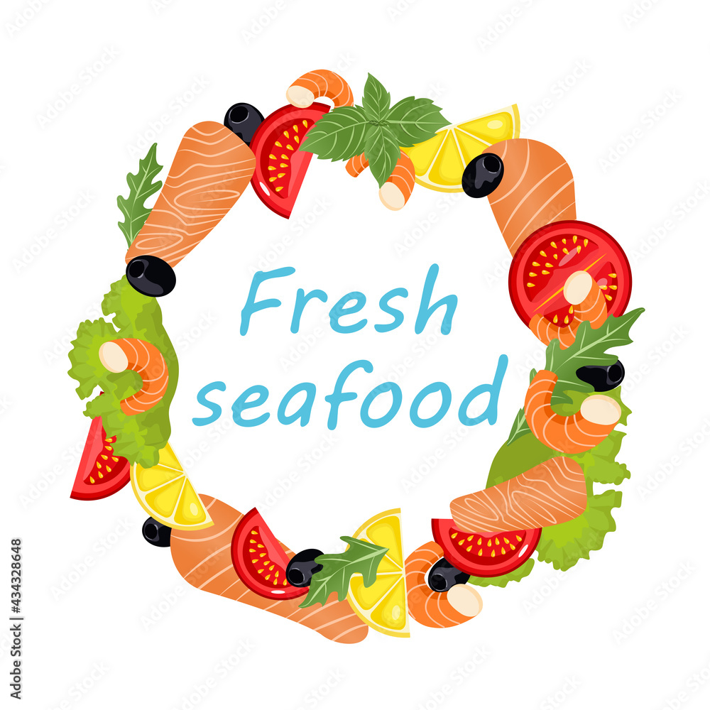 Fototapeta premium Seafood and vegetables in cartoon style. Vector illustration. Round template with lettering Fresh seafood. Shrimp, salmon, olive, lemon, tomato, arugula on white isolated background. Market
