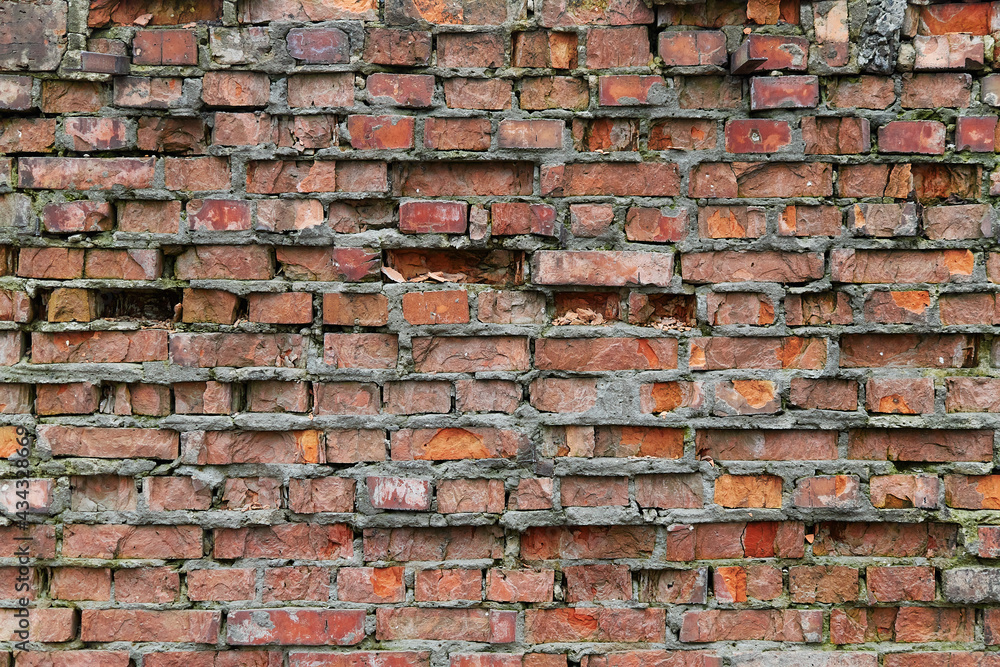 Old and broken brick, a sample of a brick wall in various shades of red, gray, orange and beige, sometimes covered with greenish mold. Wall texture and background for vintage wallpaper. Old and broken brick, a sample of a brick wall in various shades of red, gray, orange and beige, sometimes covered with greenish mold. Wall texture and background for vintage wallpaper.