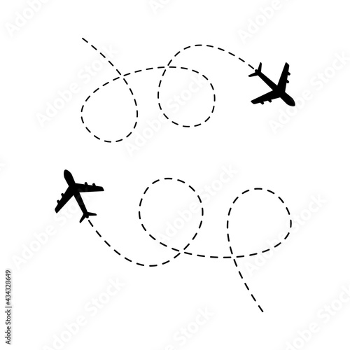Airplane line path icon set. Vector illustration of air plane flight route with line trace. Travel concept. Isolated on white background