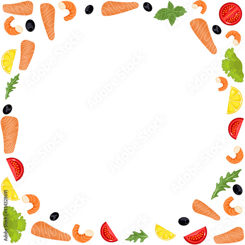Seafood and vegetables in cartoon style. Vector illustration. Square template with blank space for text with shrimp, salmon, olive, lemon, tomato, arugula on white isolated background. Copy space.