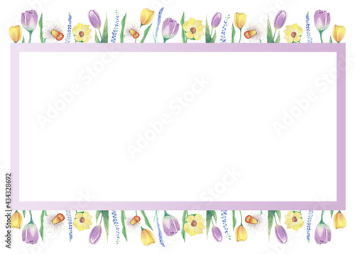 Aquarelle floral copy space frame with flowers. Watercolor hand painted square greeting card for wedding, easter, birthday, holidays. Frame with purple tulips.