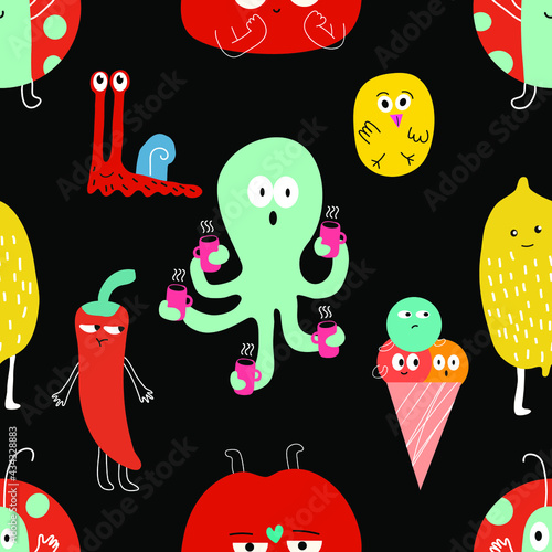 Seamless pattern and hand drawn texture. Cute colored doodle illustrations.Hand drawn trendy vector illustrations for print.