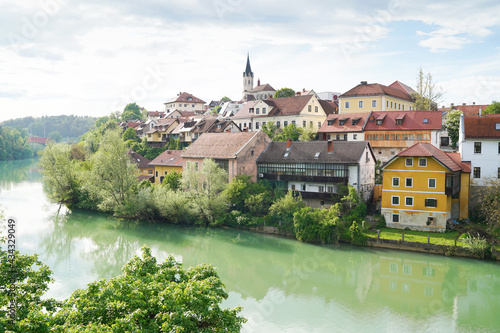 Novo Mesto old town, view from the bridge over Krka river, Novo Mesto, Dolenjska region, Slovenia. photo