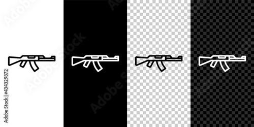 Set line Submachine gun icon isolated on black and white, transparent background. Kalashnikov or AK47. Vector