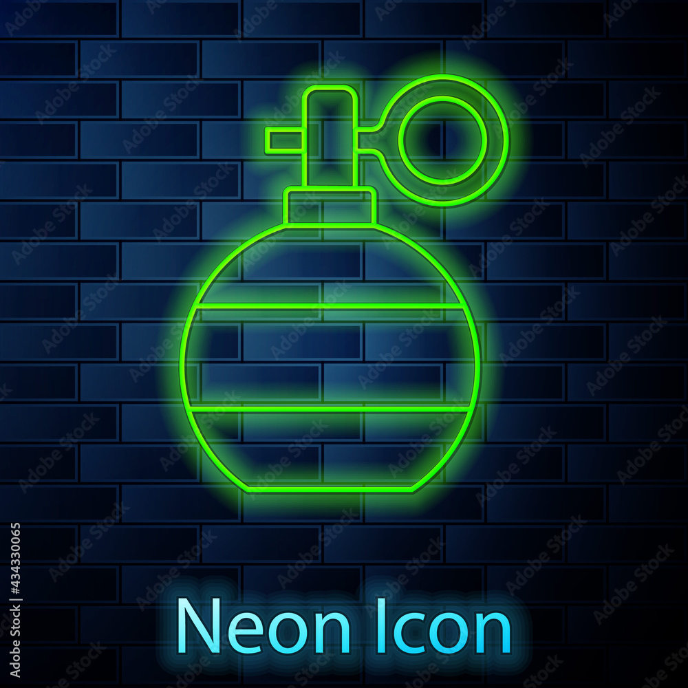 Glowing neon line Hand grenade icon isolated on brick wall background. Bomb explosion. Vector Glowing neon line Hand grenade icon isolated on brick wall background. Bomb explosion. Vector