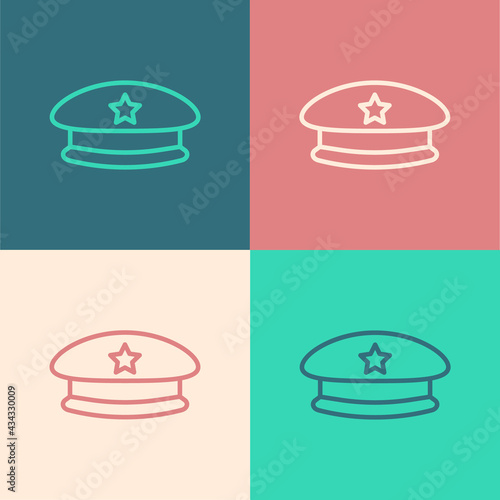 Pop art line Military beret icon isolated on color background. Soldiers cap. Army hat. War baret. Vector