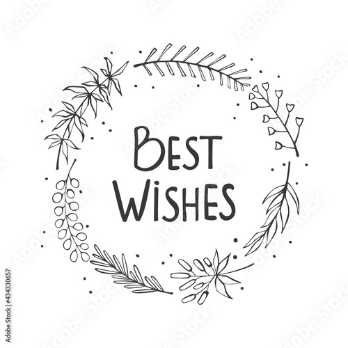 hand drawn and handwritten floral outlined twigs branches wreath, greeting card background template