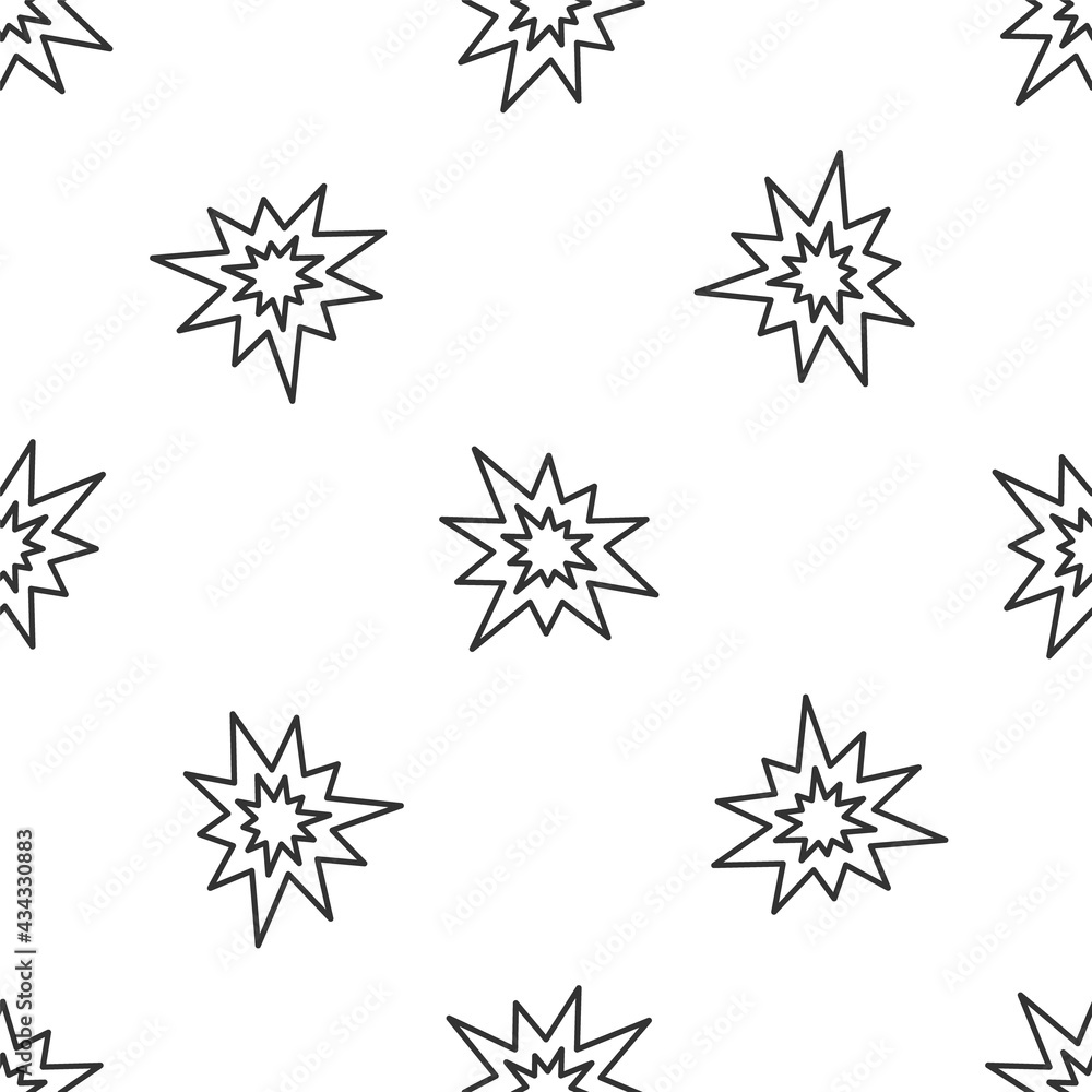 Grey line Bomb explosion with shrapnel and fireball icon isolated seamless pattern on white background. Vector Grey line Bomb explosion with shrapnel and fireball icon isolated seamless pattern on white background. Vector