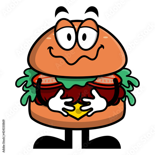 Funny Hamburger cartoon characters holding the stomach because starving, good for sticker, decoration, mascot for fast food restaurant business