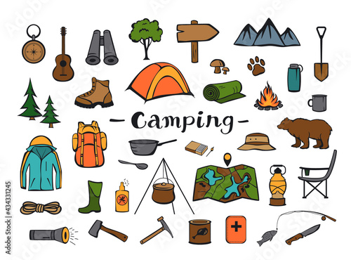 camping hiking travel roadtrip adventure gear, supply and demand colorful doodle set