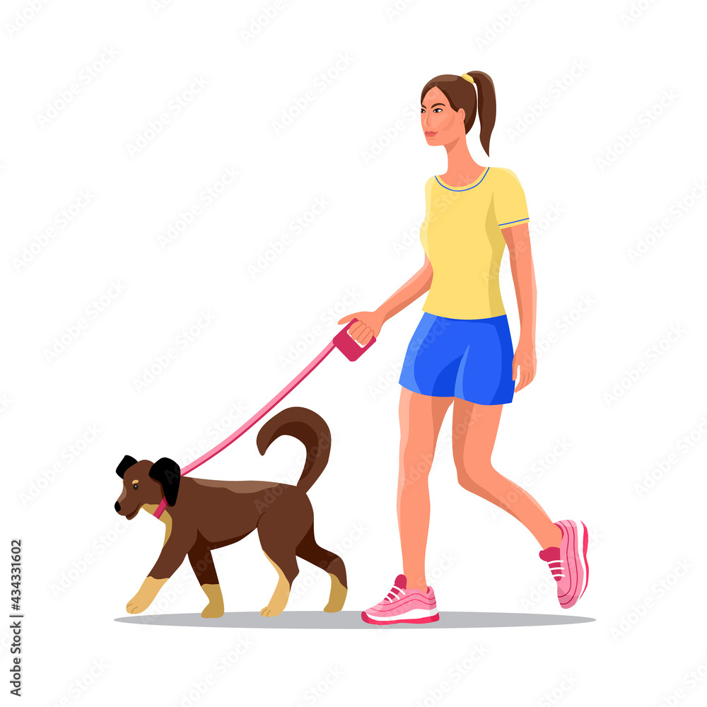 Girl With A Dog. Woman Walking With Dog In The Park. Outdoor Activity 