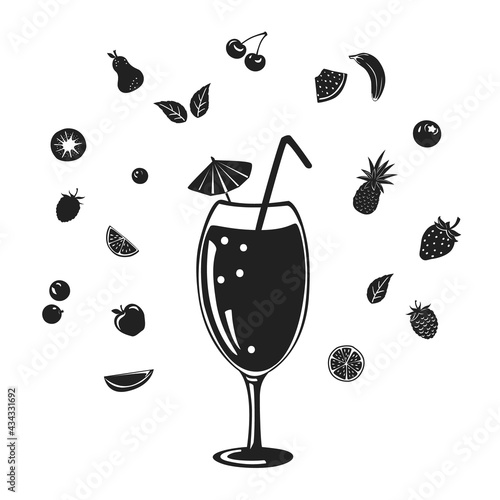 fruity cocktail silhouette with different fruits and berries around