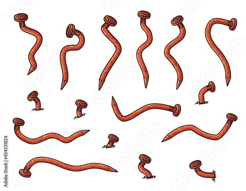Cartoon rusty metal bent nails vector set. Sharp metal hardware spikes or hobnails of orange color, curved and hammered into wall nails isolated on white background. Old iron carpentry items