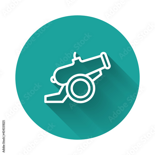 White line Cannon icon isolated with long shadow background. Green circle button. Vector