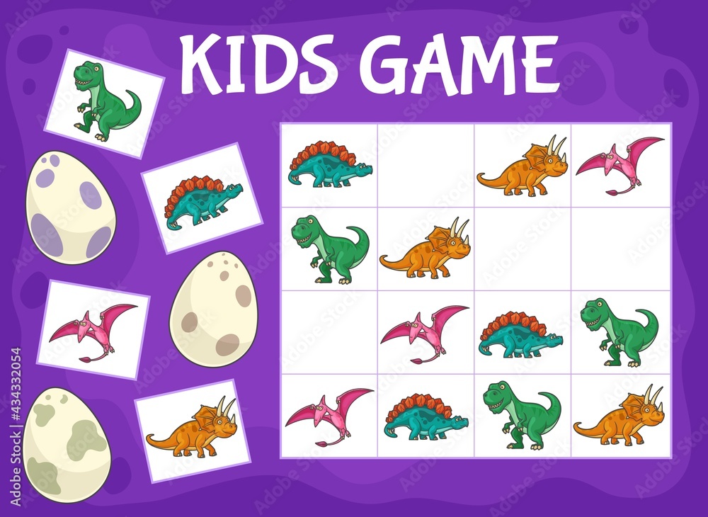 Sudoku kids game with cartoon dinosaurs. Logical game, educational puzzle or rebus, kids crossword worksheet with cute tyrannosaurus, triceratops and pterodactyl, stegosaurus, dinosaurs eggs