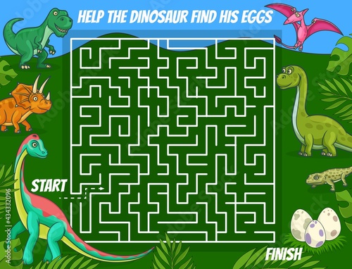 Labyrinth maze, kids riddle with cartoon dinosaurs. Find right way logical game, children educational puzzles book page template with cute horned and flying dinosaurs, prehistoric reptiles eggs