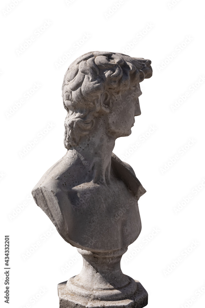 Side view of ancient stone sculpture of man's bust on white background