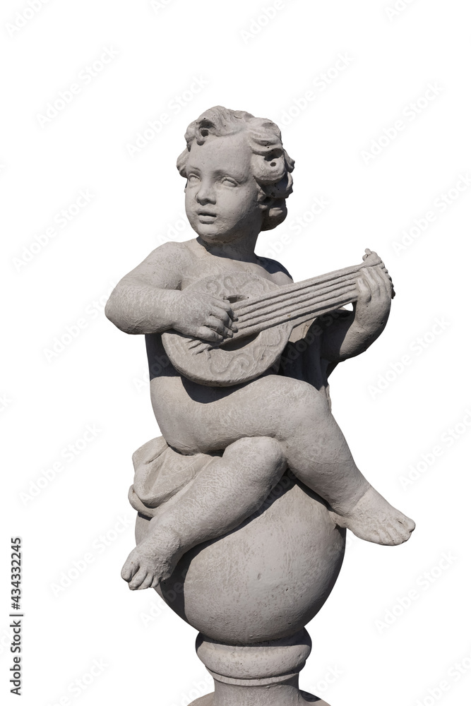 Fototapeta premium Ancient stone sculpture of naked cherub playing lute on white background