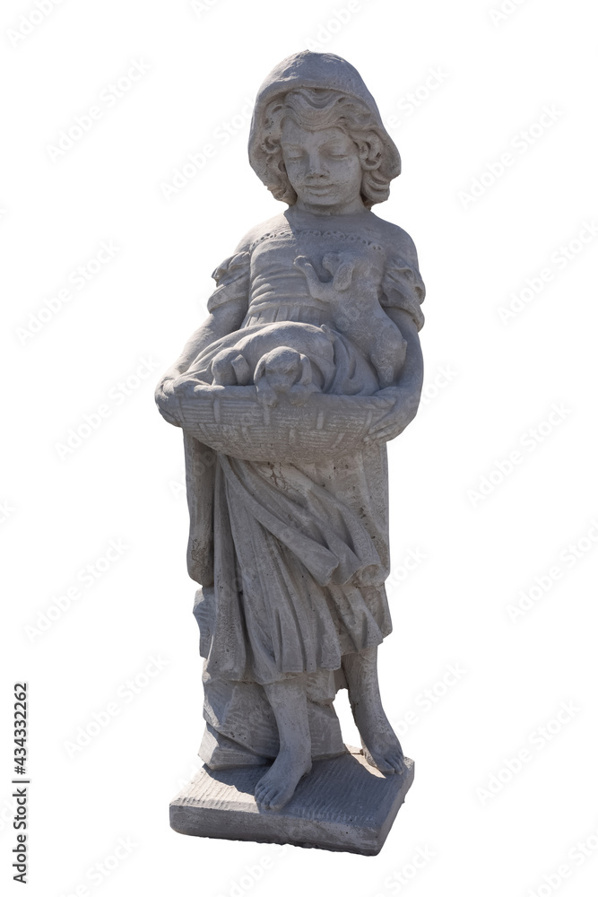 Stone sculpture of girl holding puppies in basket on white background Stone sculpture of girl holding puppies in basket on white background
