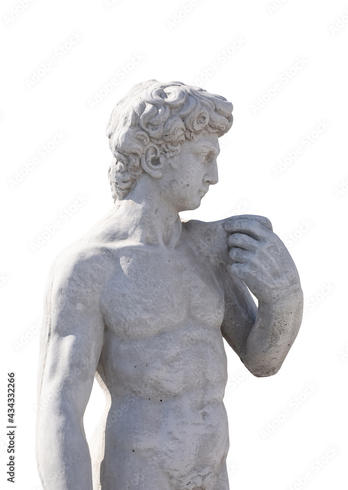 Ancient man's upper body stone sculpture on white background