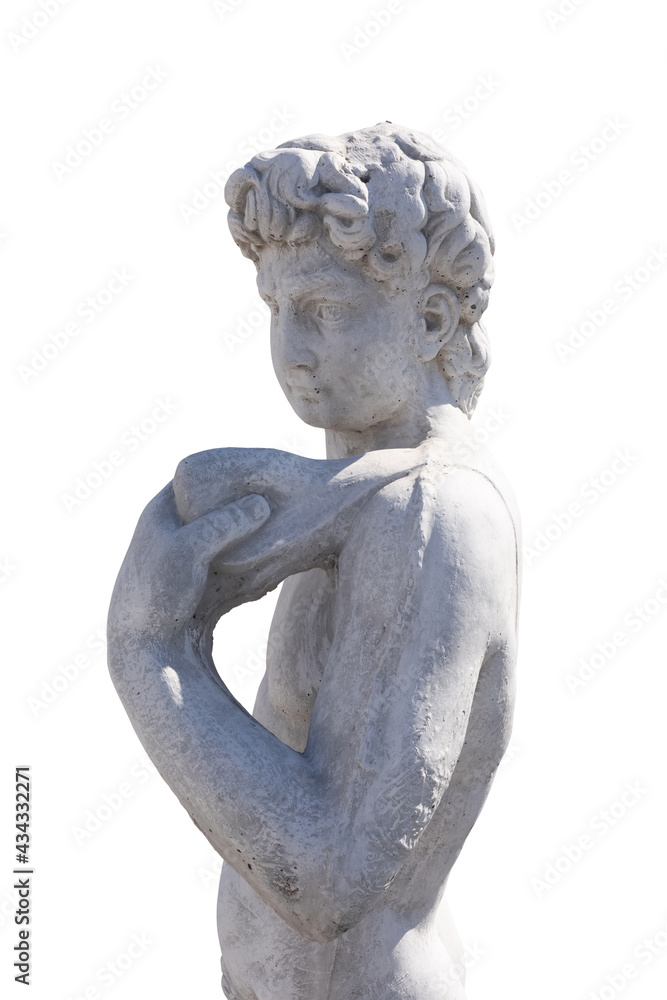 Obraz premium Side view of ancient man's upper body holding object stone sculpture on white background