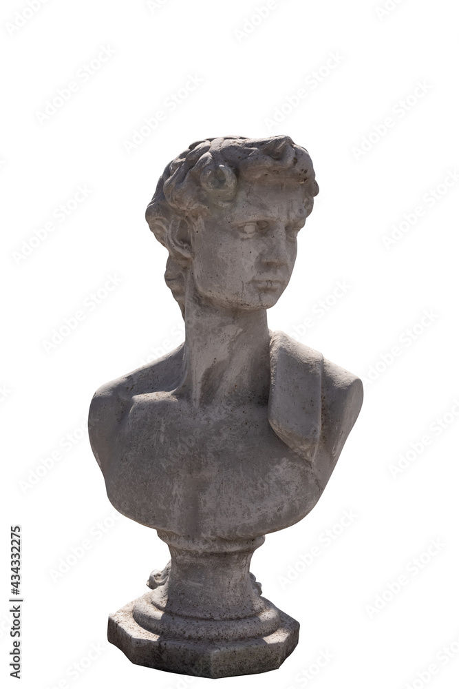 Ancient stone sculpture of man's bust on white background
