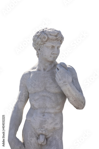 Ancient man's upper body stone sculpture on white background