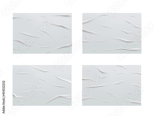 White glued wet paper, wrinkled texture, crumpled sheets. Vector creased posters with corrugation, blank rectangular mockup for ad flyers design. Folded textured pages isolated realistic 3d set
