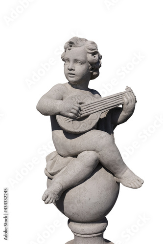 Fotobehang Ancient stone sculpture of naked cherub playing lute on white background