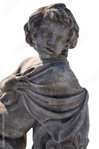 Close up of ancient stone sculpture of naked cherub wrapped in fabric on white background