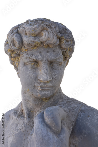 Close up of ancient stone sculpture of man on white background