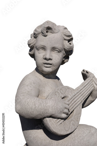 Close up of ancient stone sculpture of naked cherub playing lute on white background