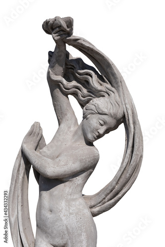 Obraz na plátně Stone sculpture of upper body of naked woman holding fabric on white background