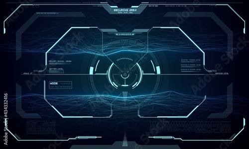 HUD futuristic screen interface, target aim control. Vector ski-fi monitor, UI frame, military optical aiming, spaceship crosshair. Gun focus indication, low poly scanning mode of collimator sight