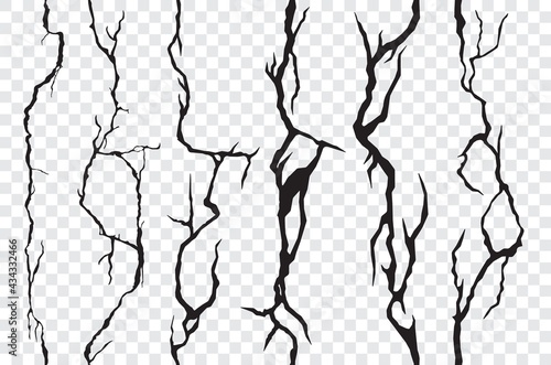 Seamless cracks in the wall, plaster or ground. Broken surface texture, cleft, crackles. Vector earthquake cracking holes, destruction, damage fissure after disaster isolated on transparent background
