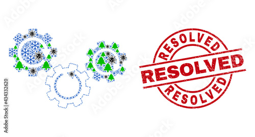 Winter Covid collage gear mechanism, and textured Resolved red round stamp. Collage gear mechanism is constructed of Covid-2019 virus, forest, and snowflake symbols.