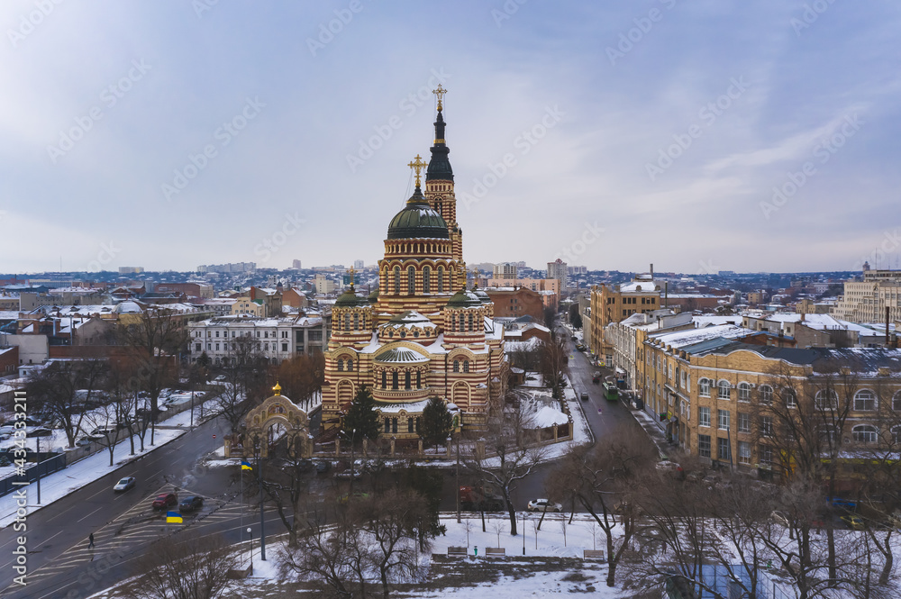 Aerial view of Annunciation cathedral (Blagoveshchensky cathedral) in winter, Kharkov, Ukraine