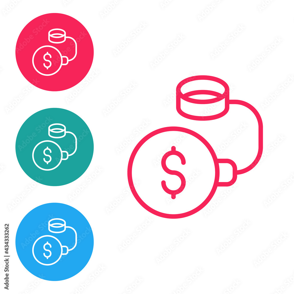 Red line Debt ball chained to dollar coin icon isolated on white background. Big heavy debt weight with shackles and money. Financial crime, fee, crisis. Set icons in circle buttons. Vector Red line Debt ball chained to dollar coin icon isolated on white background. Big heavy debt weight with shackles and money. Financial crime, fee, crisis. Set icons in circle buttons. Vector