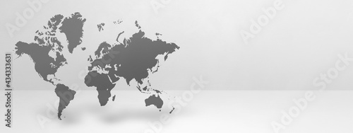 World map on white wall background. 3D illustration. Horizontal banner