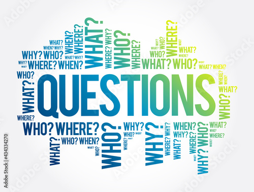Questions whose answers are considered basic in information gathering or problem solving, word cloud background