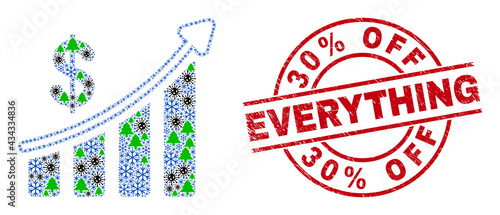Winter Covid-2019 mosaic success financial chart, and rubber 30% Off Everything red round seal. Collage success financial chart is constructed from Covid-2019, fir tree, and snow symbols.