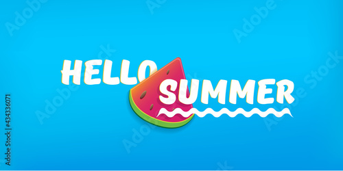 Hello Summer Beach Party horizontal banner Design template with fresh watermelon slice isolated on blue background. Hello summer concept label or poster with fruit and typographic text. Summer flyer