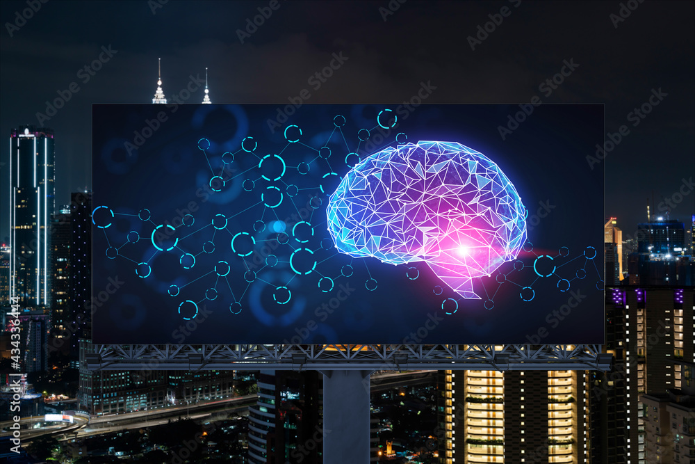 Brain hologram on billboard with Kuala Lumpur cityscape background at night time. Street advertising poster. Front view. KL is the largest science hub in Malaysia, Asia. Coding and high-tech science. Brain hologram on billboard with Kuala Lumpur cityscape background at night time. Street advertising poster. Front view. KL is the largest science hub in Malaysia, Asia. Coding and high-tech science.